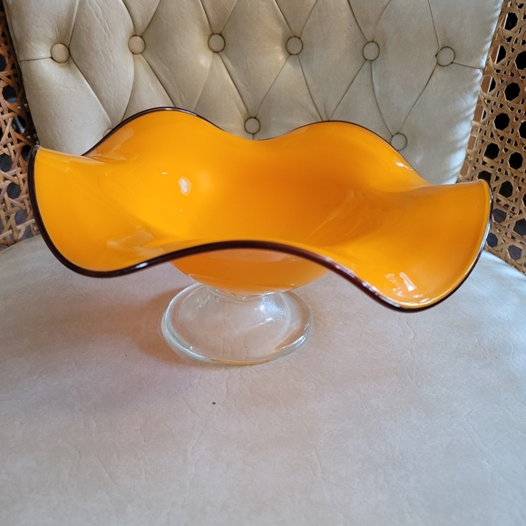 teleflora Other - MCM Orange Glass Bowl Glass Pedestal Bowl. Art Glass. Halloween Decor.